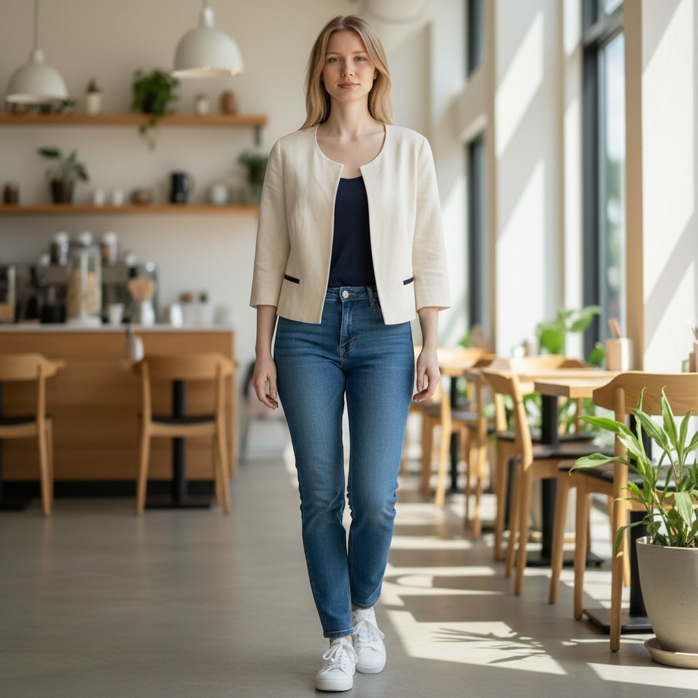 Solar Cropped Blazer Women 40 Cream Linen Blend Light Academia Collarless Summer